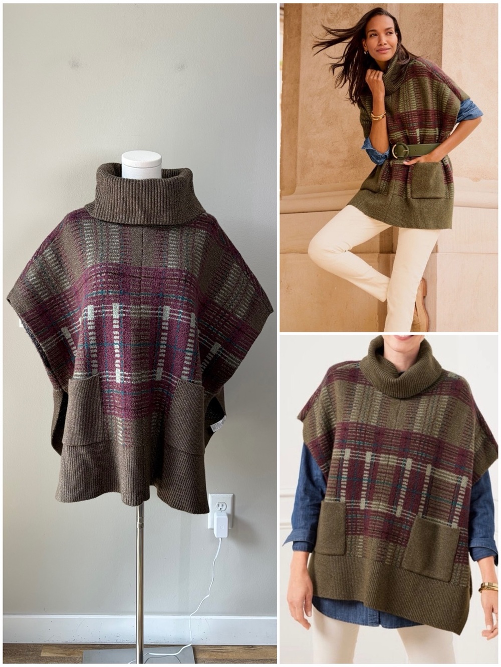Talbots Plaid Turtle Neck Poncho Size XS/S in Deep Moss Multi Luxe Layering Cozy